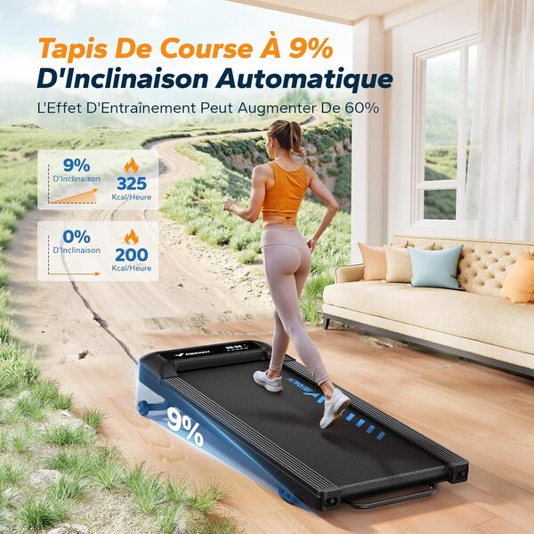 MERACH Walking Pad Tapis de Course avec Inclinaison Automatique à 9%, Moteur sans Balais Silencieux de 2,5 HP pour sous Le Bureau, Tapis de Course Compact Portable avec Télécommande Magnétique