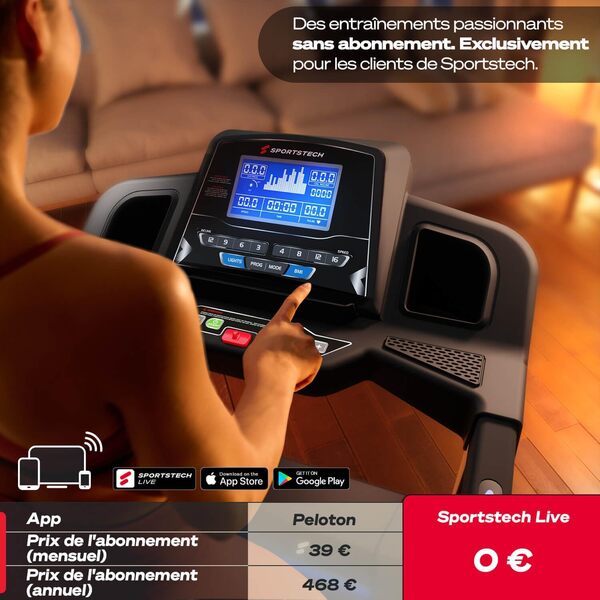 SPORTSTECH - Tapis De Course Pliable F31s - Capteurs + - 12 Programmes - Jusqu’À 16km/h - Lecteur MP3 + Haut-Parleurs - Système d'Autolubrification - 155 x 72,5 x 128 cm