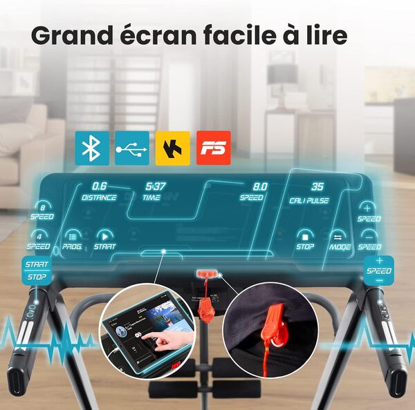 Hop-Sport Tapis de Course Pliable HS-1200LB Soul, Vitesse 0.8-14 km/h, Tapis Roulant Inclinable 2en1 pour la Maison avec Appareil de Massage, Écran LCD, Contrôle par Application, 15 Programmes