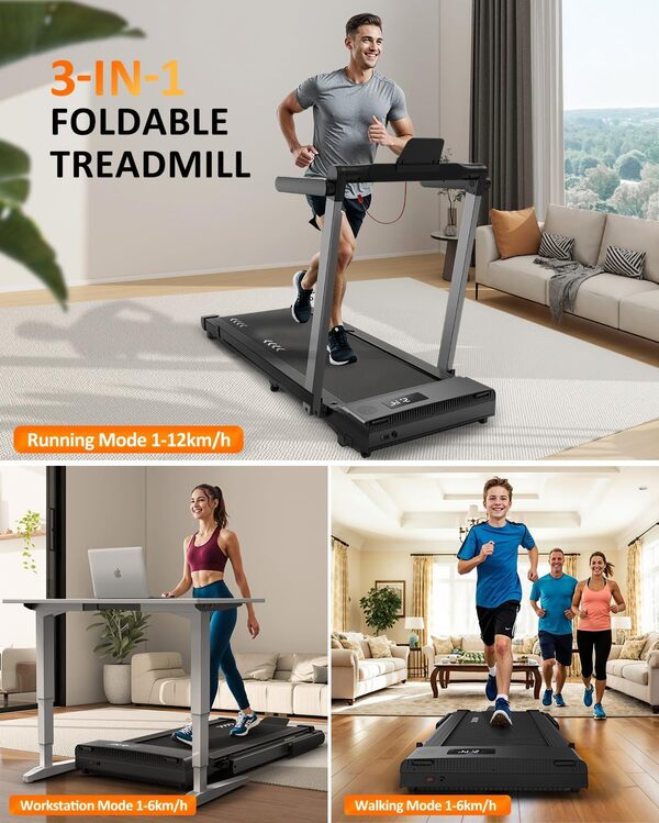 FYSIQ Tapis de Course Pliable pour la Maison jusqu'à 12KM/H, 3 en 1 Tapis de Marche Pliable avec Double Affichage LED, 12 Programmes et Télécommande, Walking Pad Compatible avec Kinomap APP