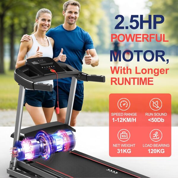 CharonFit T300 Tapis de Course Pliable Inclinable Jusqu'à 12 km/h: Moteur de 2,5 ch, 3 Options D'inclinaison, Capacité de Charge 120 kg, APP Compatible