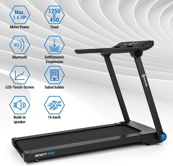 Capital Sports Infinity Edge - Tapis de course, puissance moteur 1,5 CV, bande de roulement : 45 x 125 cm (LxL), vitesse : jusqu'à 16 km/h, SoftDynamic Suspension, écran tactile LED, Bluetooth, gris