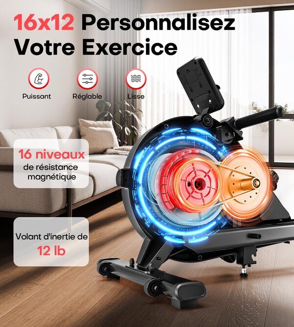 Rameur Musculation D'appartement, MOSUNY 16 Niveaux de Résistance Rameur Magnétique, Glissières doubles améliorées, Ultra silencieux, App-Compatible, LCD-Datenanzeige, Capacité de poids jusqu'à 160 kg