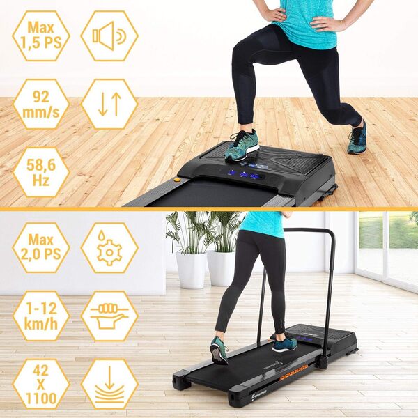 Klarfit Workspace Fusion Tapis de course et plaque vibrante – Tapis de course : 1-12 km/h, plaque de vibration : 1,5 PS, 58,6 Hz, système AutoLubrification, contrôle de l'application, Bluetooth, haut-parleur Bluetooth.