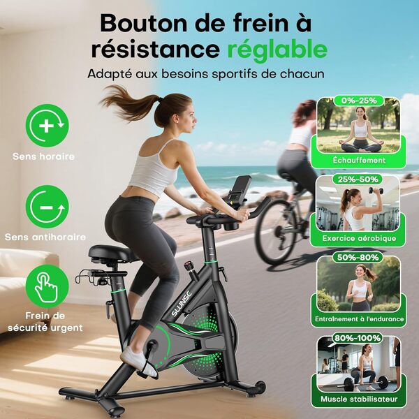 SLUNSE Velo d'appartement pour la Maison, Silencieux Vélo de Fitness d'Intérieur avec Résistance Réglable, velo d appartement avec APP, Support d'haltères, Écran LCD, Siège Confortable, Capacité 180KG