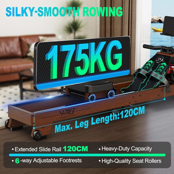 ORISYN Rameur pour la maison – Rameur pliable avec design en bois de qualité supérieure, rameur Bluetooth, eau, taille utilisateur adaptée de 1,2 m à 2 m, charge de 175 kg