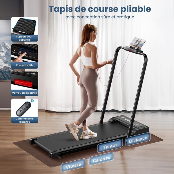 Tapis de Course Pliable 2 en 1, Tapis de Marche pour Bureau, 10 km/h, Moteur 2,5 HP, avec Barre de Poignée et Commandes à Distance