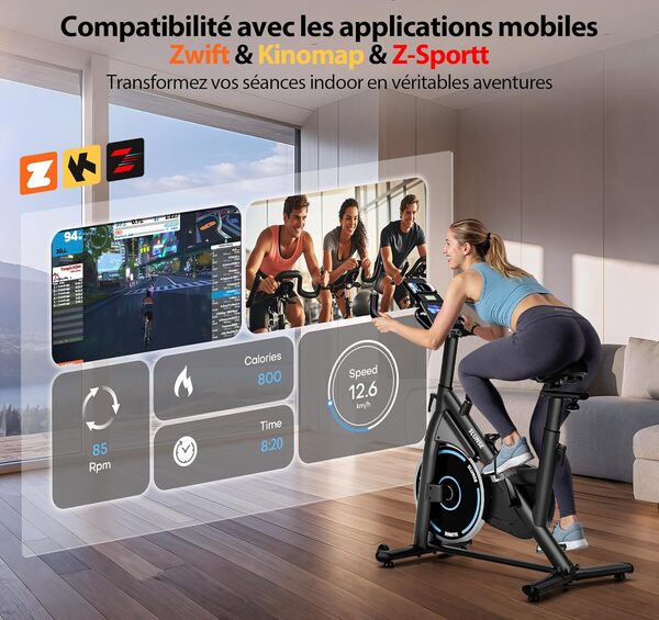 Velo d Appartement, SLUNSE Vélo d'Appartement connecté APPs avec Écran, Vélo d' Stationnaire pour la Maison avec Résistance Magnétique Réglable, Siège Moelleux et Réglage en Hauteur, Roulement 180KG
