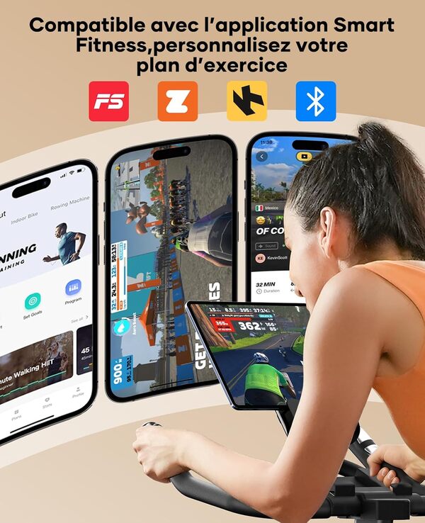 TOPUTURE Velo D appartement Vélos D'appartement Connecté APP Vélo d'Exercice Résistance Magnétique 100 Vélo d’appartement avec fréquence cardiaque Capacité 160KG