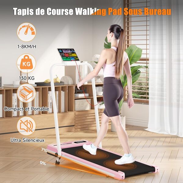Tapis de Course Pliable avec Pente Réglable 7% – Tapis Roulant Électrique Silencieux 8 km/h, Moteur 2,5HP, Surface Large 40cm, Cadre Renforcé, Écran LCD, Charge 130kg – Maison & Bureau