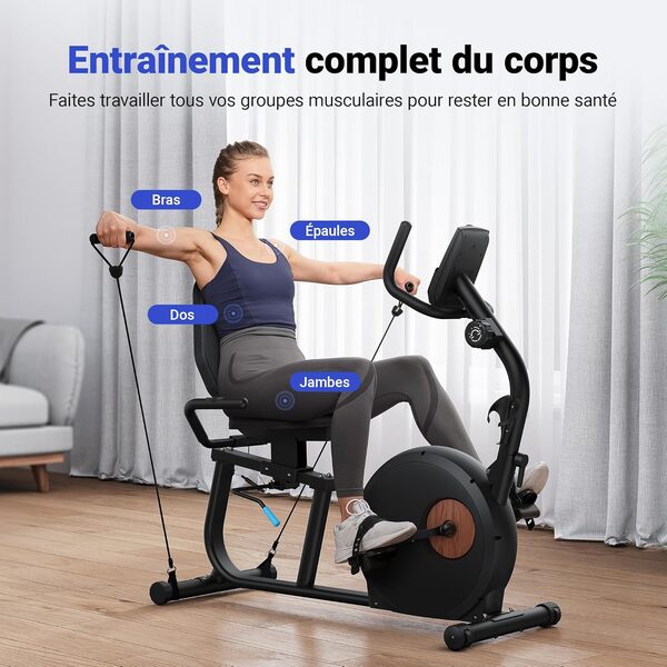 MERACH Vélo d'Appartement, Vélo Couché Magnétique avec 8 Niveaux de Résistance Réglables, Vélo de Fitness avec Écran LCD, Poignées de Fréquence Cardiaque, Capacité de Charge de 136 kg