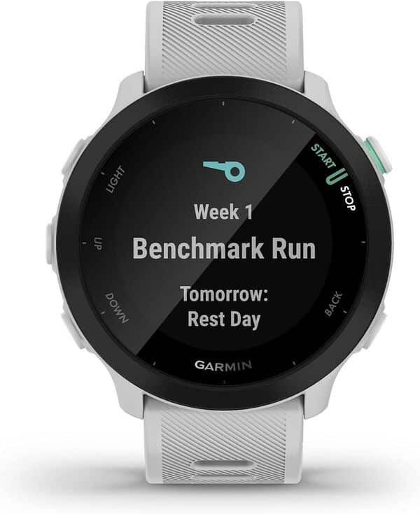 Garmin – Forerunner 55 - Montre GPS multi-activités running avec fonctions d’entrainement Garmin Coach et cardio au poignet – Blanche (Reconditionné)