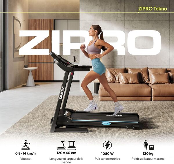 Zipro Tapis de Course Inclinable Tekno, Tapis de Course Pliable pour Maison jusqu'à 14km/h, Walking Pad jusqu'à 120kg, Moteur 1,5-2,5 PS, Inclinaison, Écran LCD
