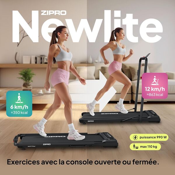 ZIPRO Newlite Tapis de Course Pliable, Walking Pad, Deux Modes d’Entraînement, Design Compact FlatFold, Vitesse 1-10 km/h, Capacité jusqu'à 110 kg, Amorti Easy Walk, Moteur Silencieux, Écran LED