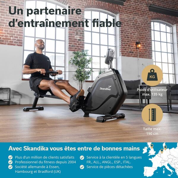 Skandika Rameur d'appartement Pliable Munin, 16 Niveaux de Résistance, Freinage Magnétique, Masse d'inertie 8kg, Écran LCD, Support Tablette/Smartphone, Rameur Musculation, Kinomap, Max 135KG