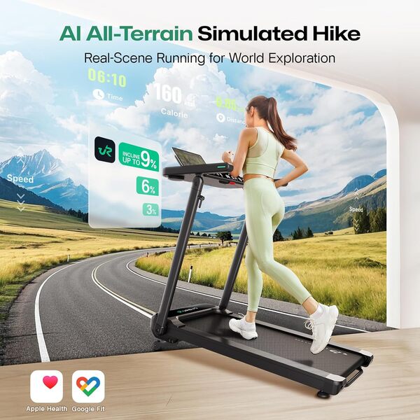 UREVO Tapis de Course Electrique Professionnel avec Grande Tableau de Soupport Réglable en Hauteur, Auto-Inclinable 9%, 1-12KM/H, Tapis de Marche Pliable avec SmartCoach APP
