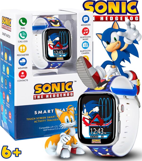 Sonic The Hedgehog Montre Intelligente pour Enfants – Appels Bluetooth, Messages, Appareil Photo, Musique, Suivi du Sommeil, Applications de Fitness et d'activité – 6 Cadrans de Montre, écran Tactile