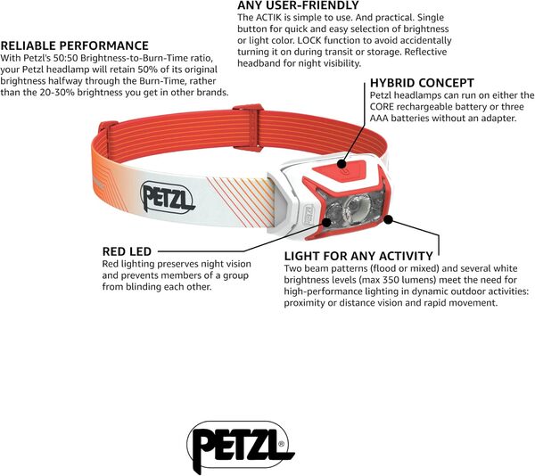 PETZL - Lampe frontale ACTIK CORE - 600 lumens, Rouge, Livrée avec la batterie rechargeable CORE [Classe énergétique A+++]