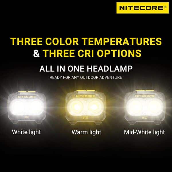 Nitecore UT27 MCT Pro Lampe frontale légère avec IRC élevé trois températures de couleur avec 2 piles HLB1500, étiquette (noir)